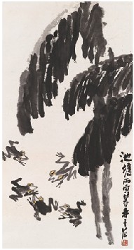崔子范 1986年作 蛙趣 立轴